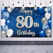 Happy 80th Birthday Decorations,80th Blue \u0026 Silver Balloon Large Birthday Banner Backdrop